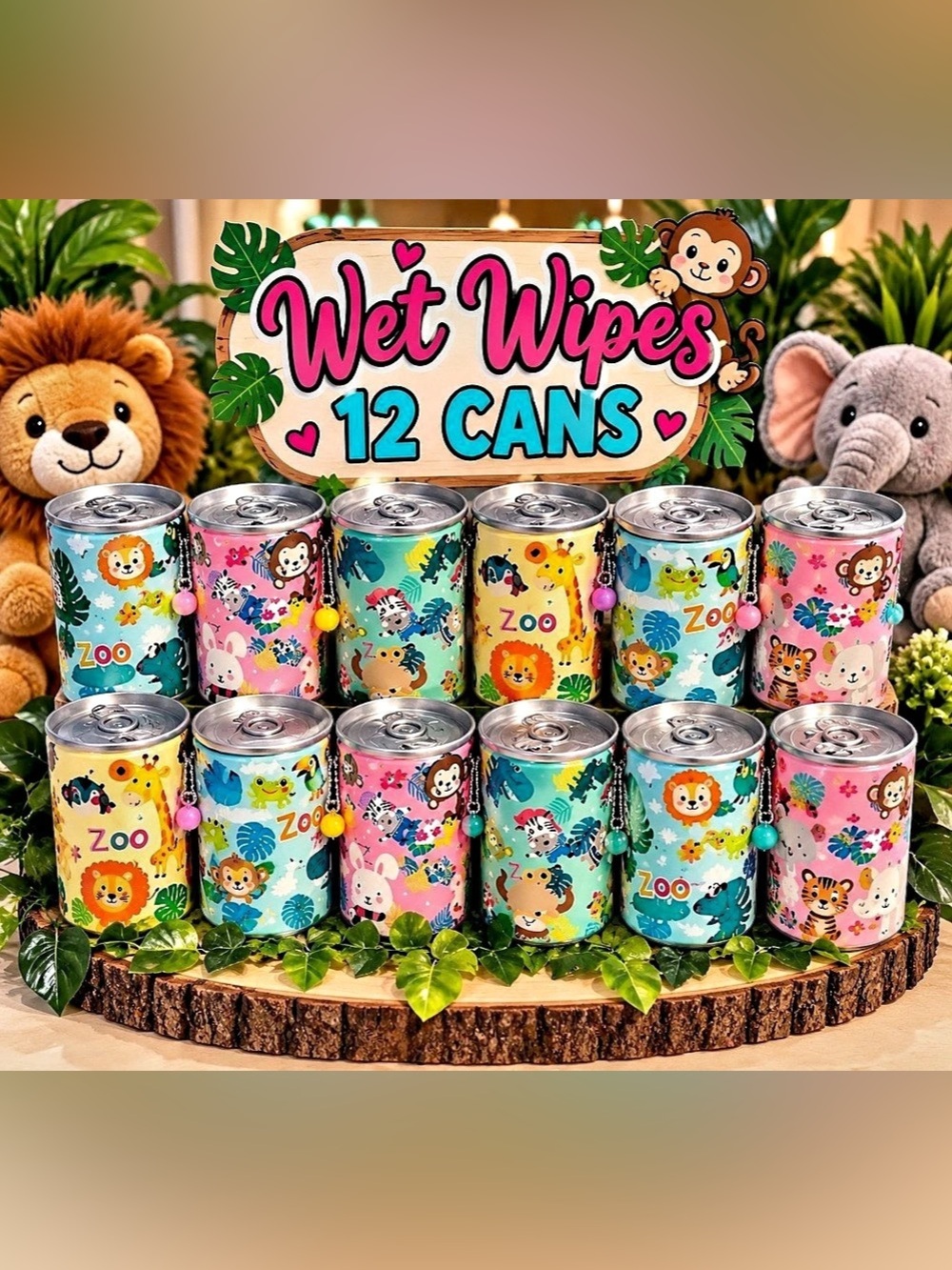 Zoo Mini Wet Wipes 12 Cans 12-Can Animal Print Wet Wipes Set- NEW- BULK